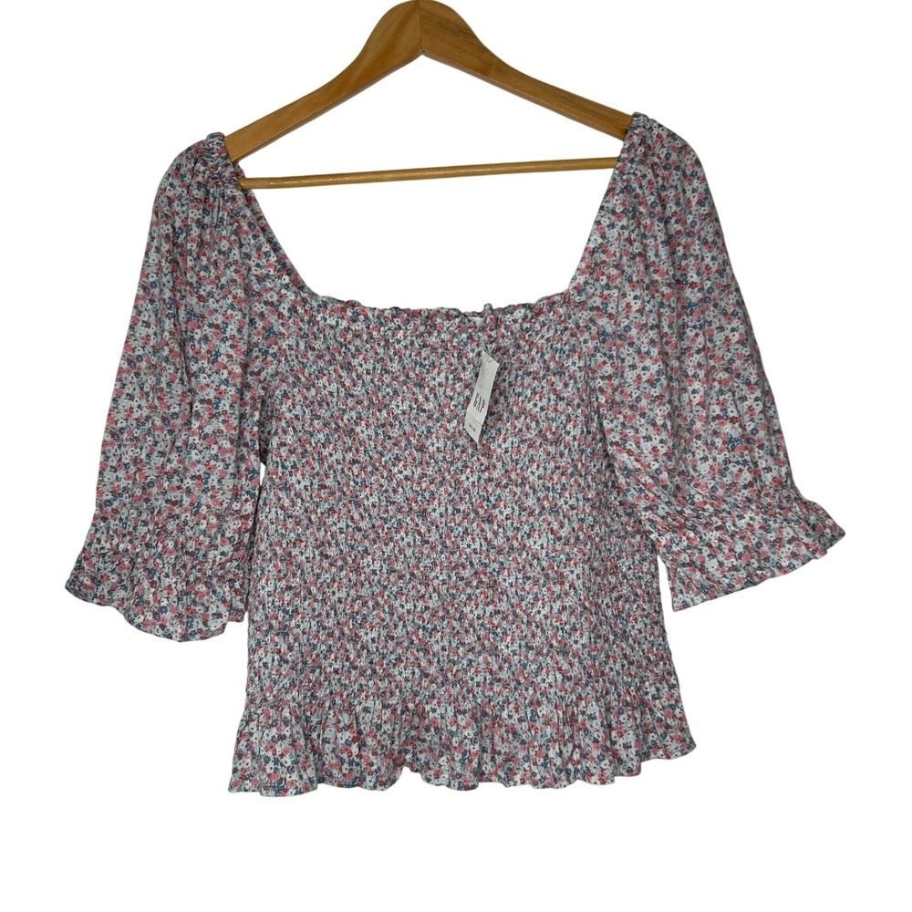 GAP Puff Sleeve Smocked Peplum Top Floral Peasant Blouse Large Cottagecore NWT - Picture 3 of 14